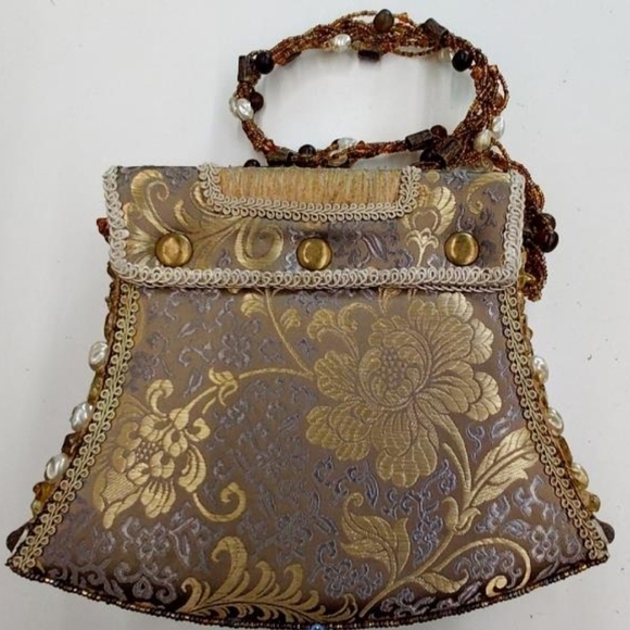 Mary Frances Beaded Satchel in Gold and Brown - Picture 2 of 4
